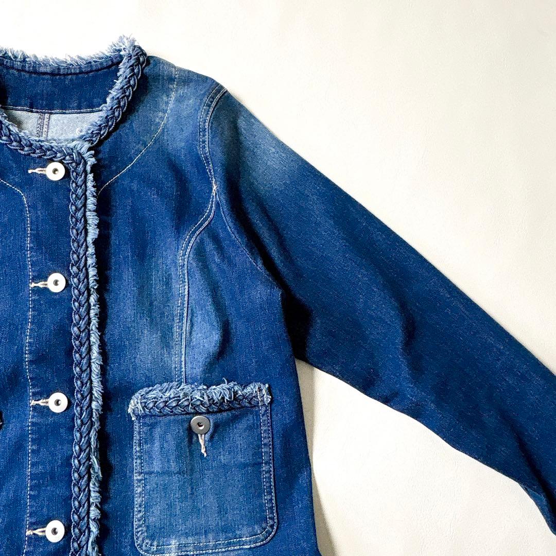 極美品 ローズティアラ 大きいサイズ46 洗える 伸縮ノーカラーデニムジャケット