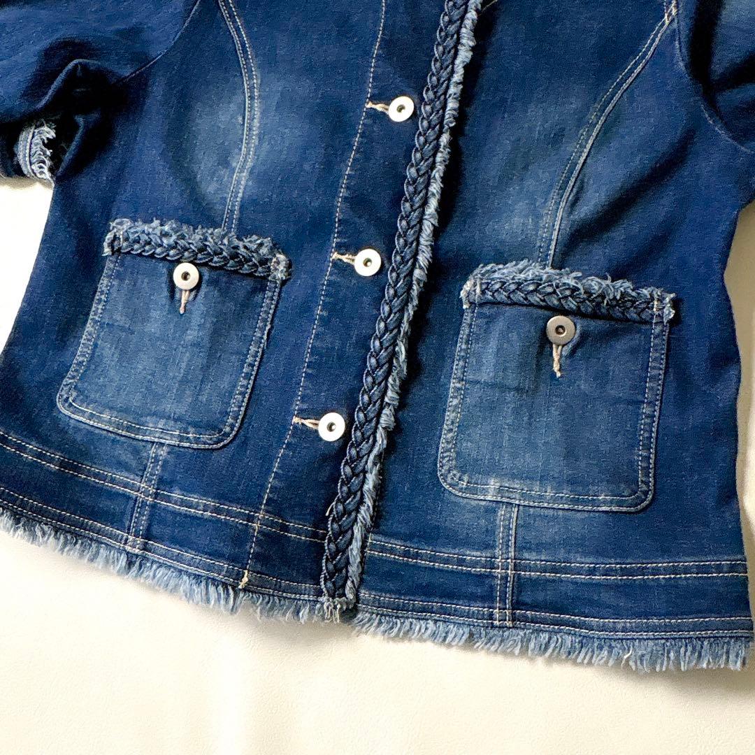 極美品 ローズティアラ 大きいサイズ46 洗える 伸縮ノーカラーデニムジャケット