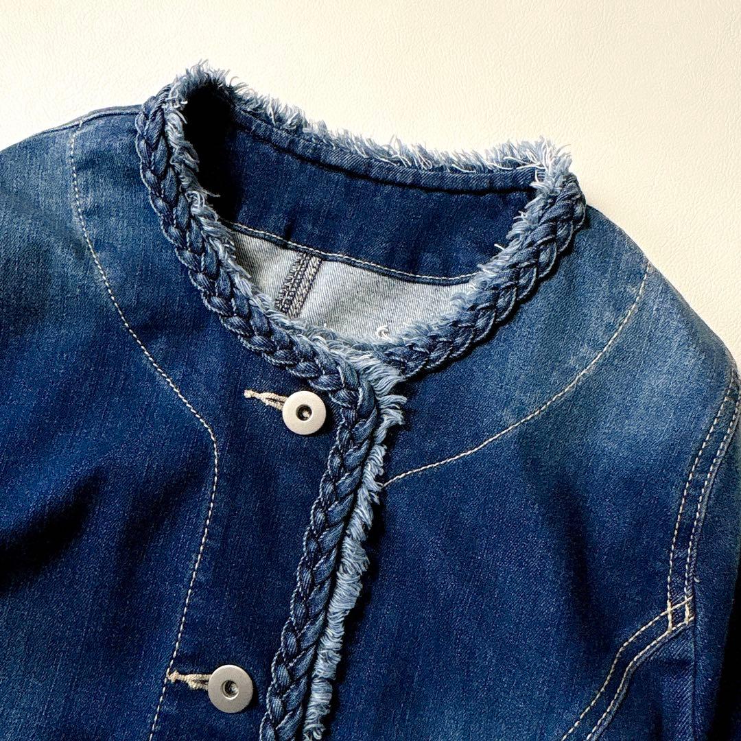 極美品 ローズティアラ 大きいサイズ46 洗える 伸縮ノーカラーデニムジャケット