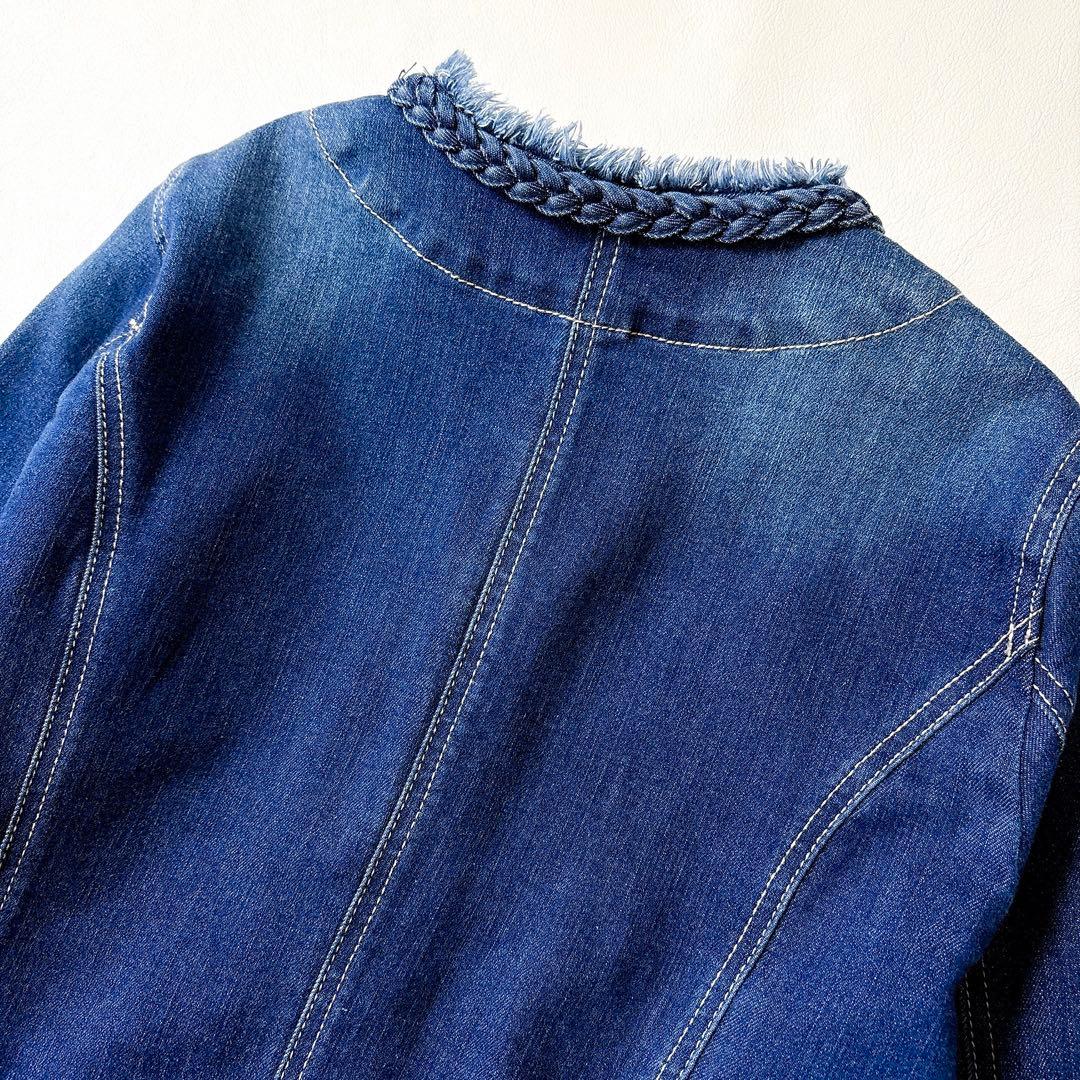 極美品 ローズティアラ 大きいサイズ46 洗える 伸縮ノーカラーデニムジャケット