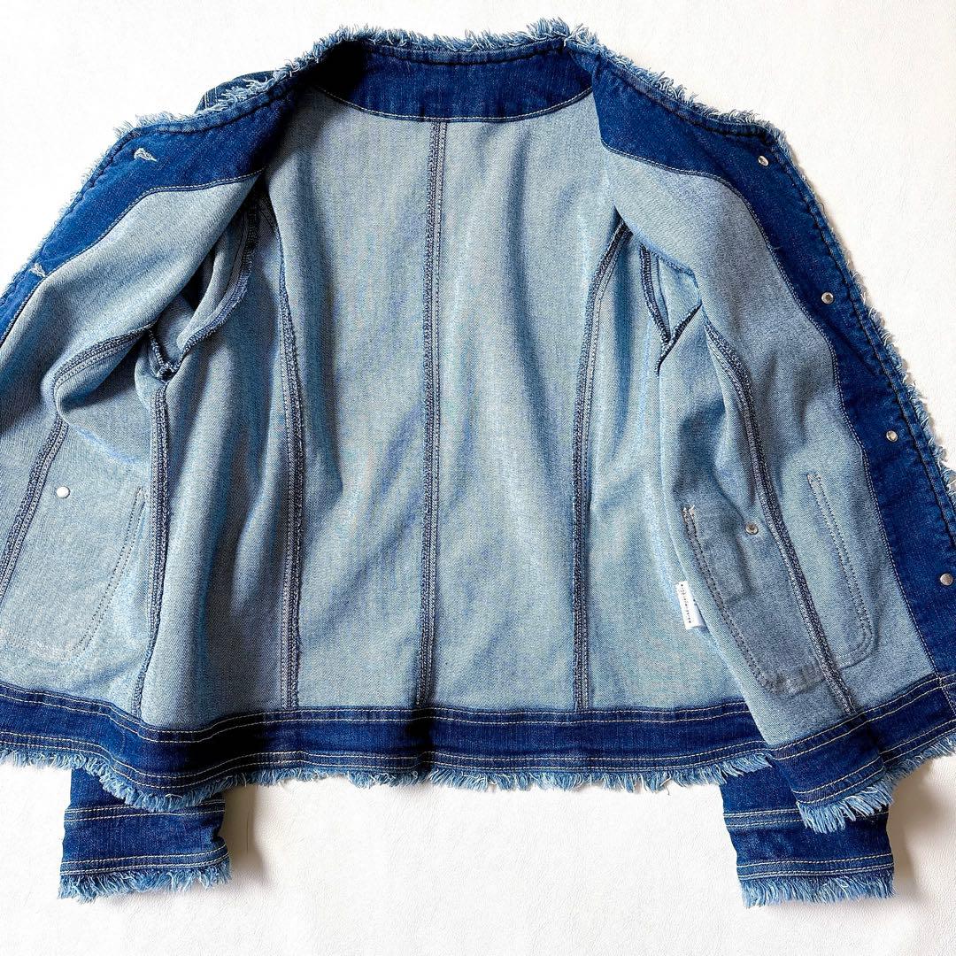 極美品 ローズティアラ 大きいサイズ46 洗える 伸縮ノーカラーデニムジャケット
