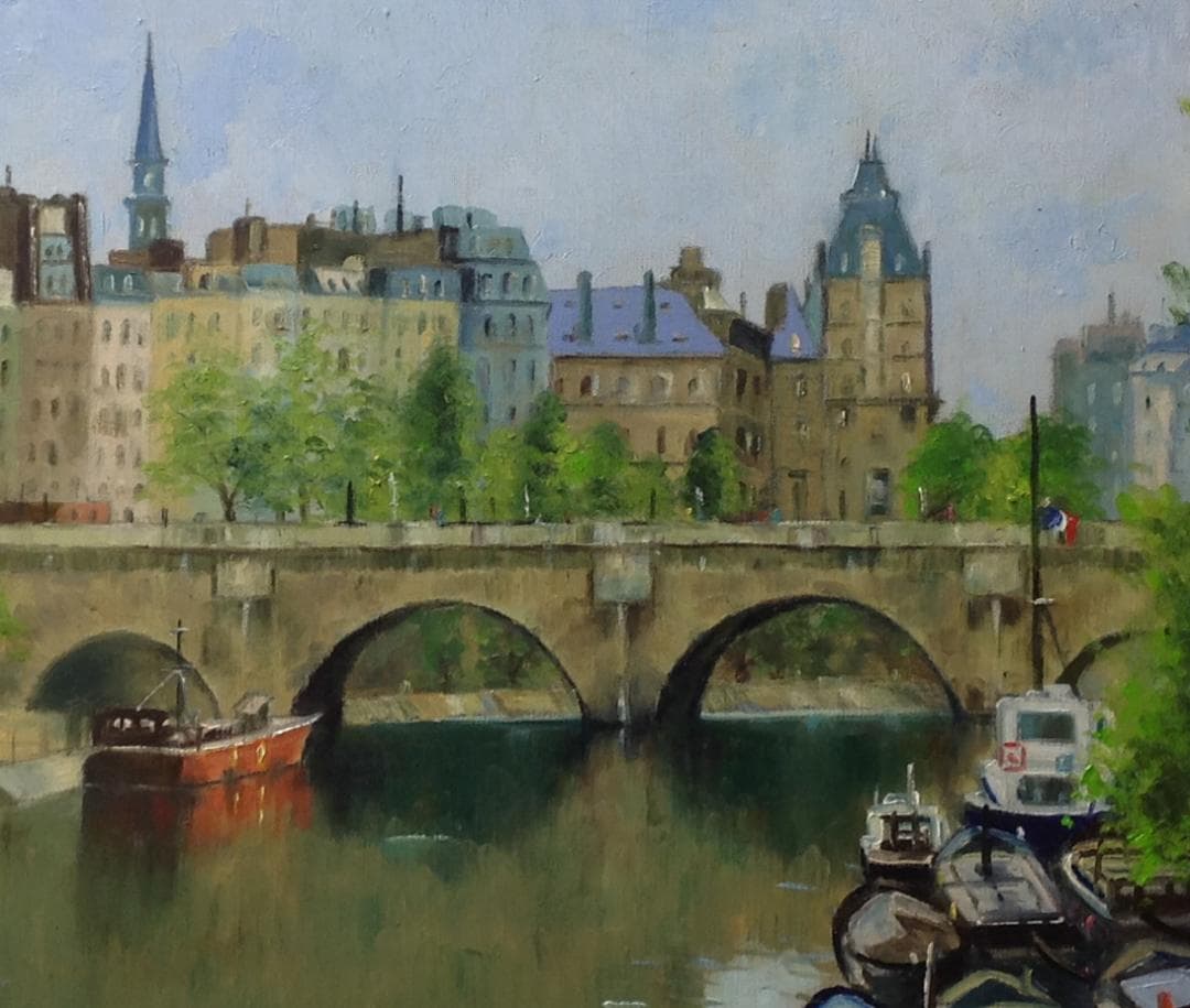 絵画 梅沢民雄 肉筆油絵 風景画 水辺 パリ セーヌ河