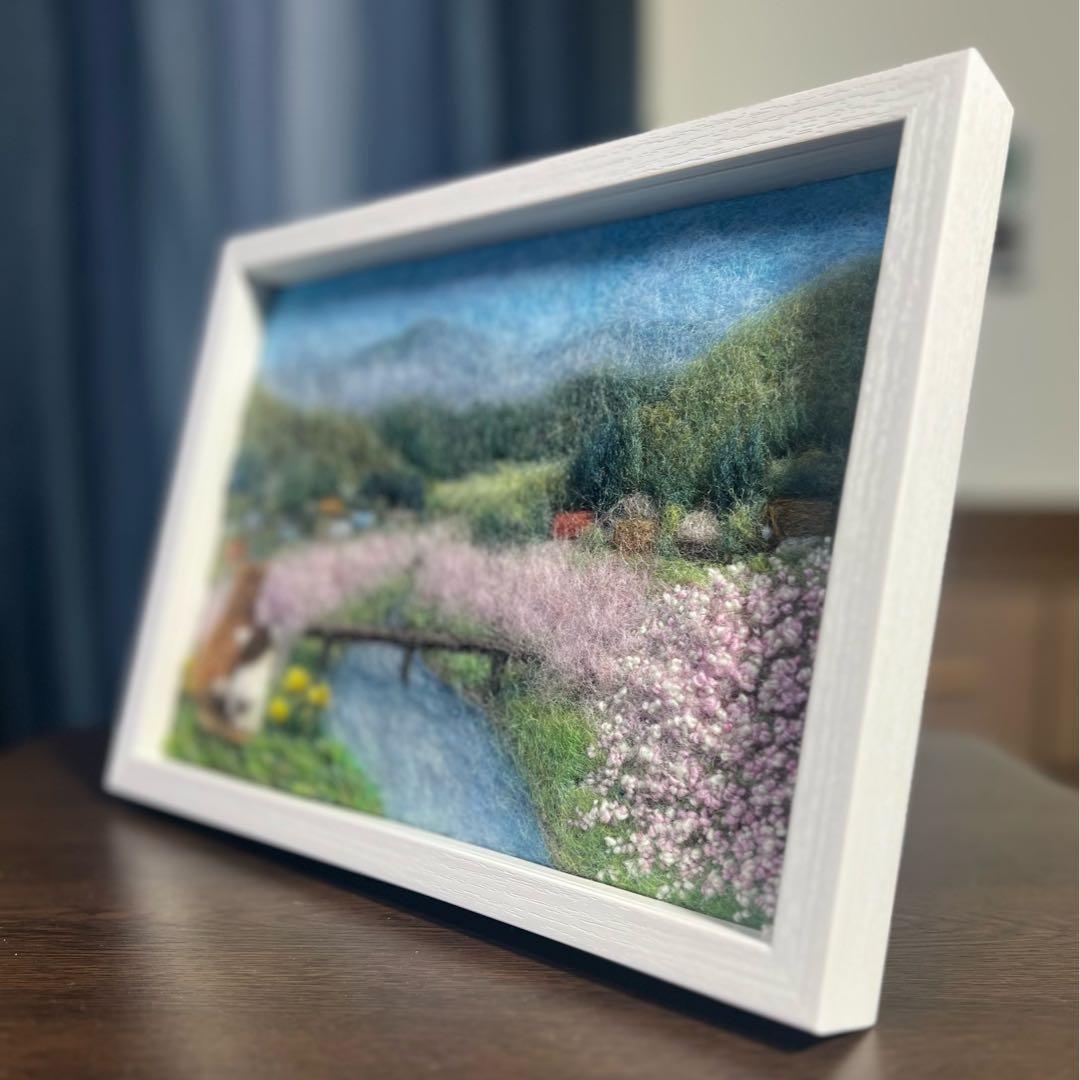 く*ん様 【BOXフレーム付き】羊毛絵画　『桜咲く春の里山』ハンドメイド　ウール