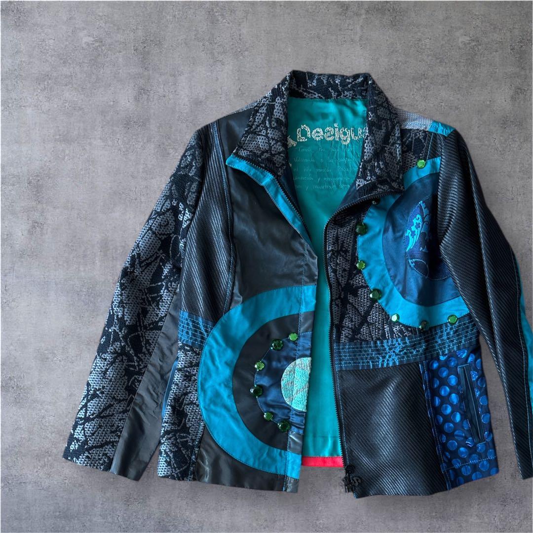 【希少】デシグアル ジャケット 猫 スパンコール×ビジュー 異素材切替 豪華