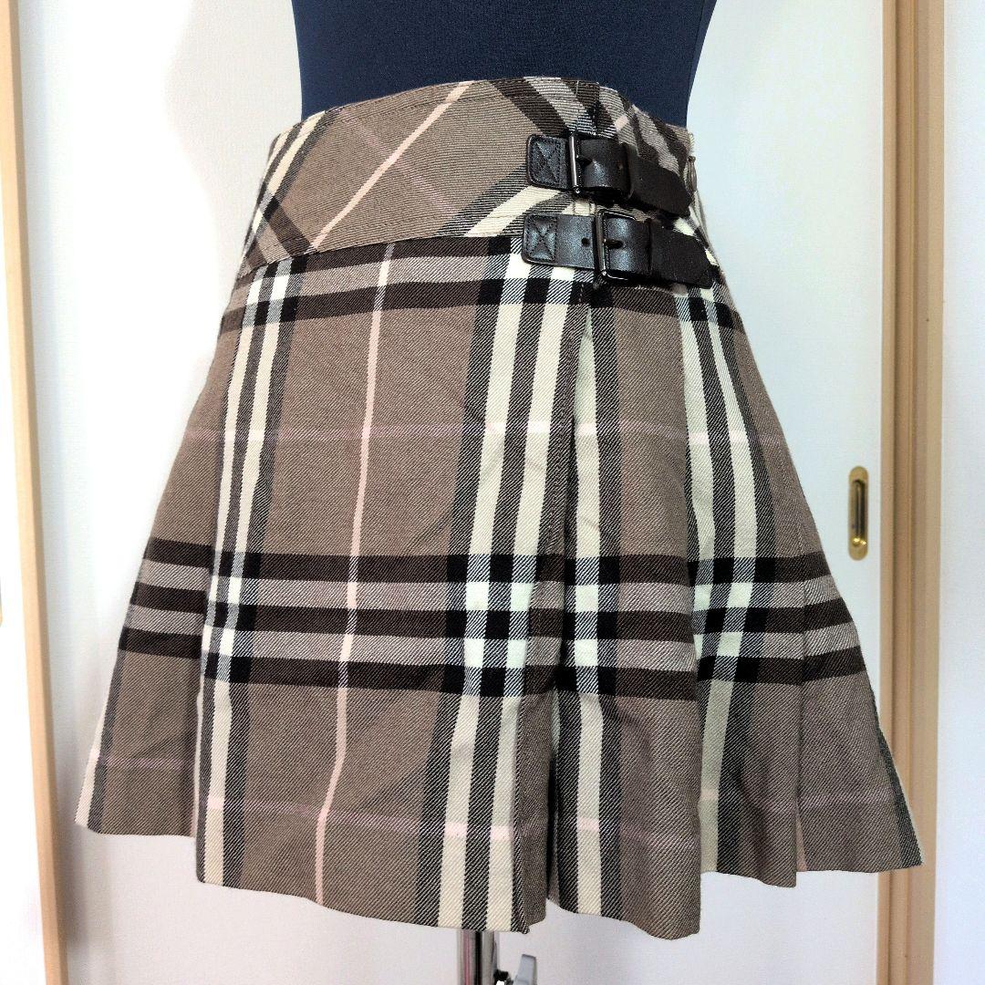 バーバリーブルーレーベル　ブラウン系　ミニスカート　レザーベルト　チェック　S