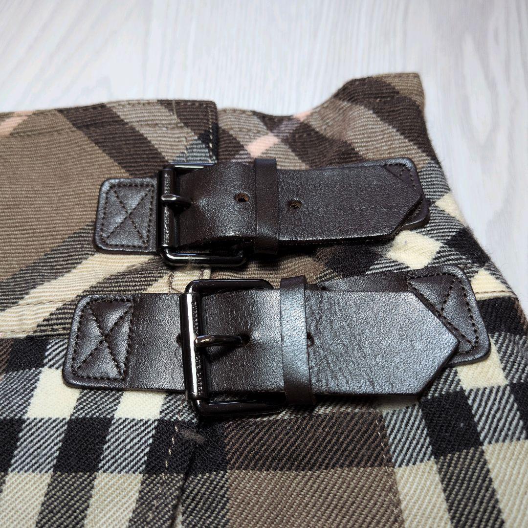 バーバリーブルーレーベル　ブラウン系　ミニスカート　レザーベルト　チェック　S