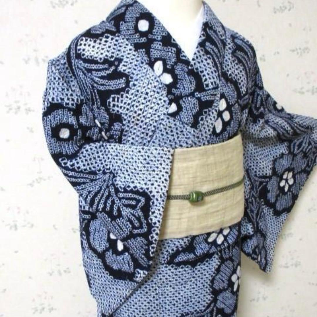 浴衣・有松絞り・レディース・木綿・花柄・紺と白・バチ衿
