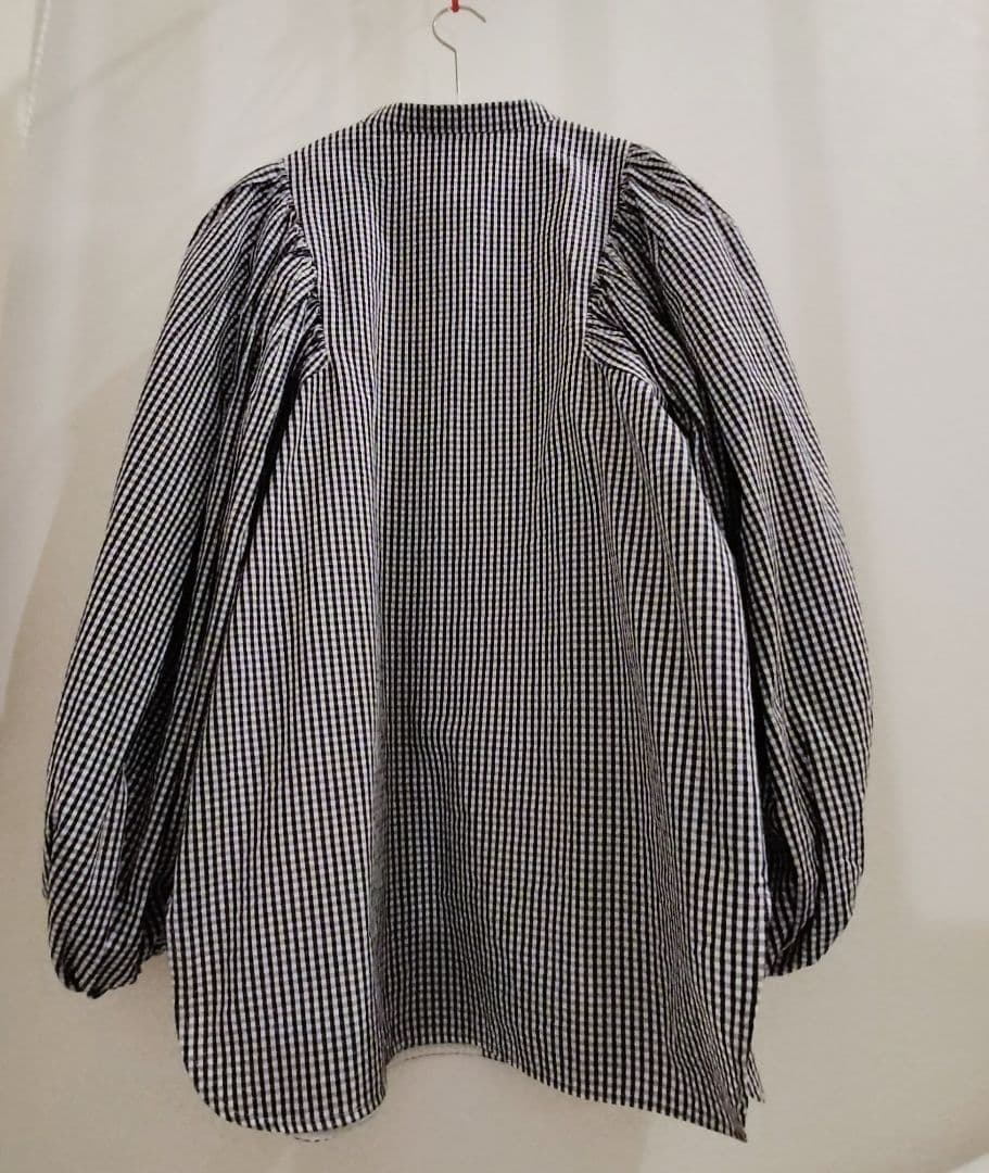 yori ヨリ リボンパフスリーブ ブラウス ネイビー ギンガムチェック