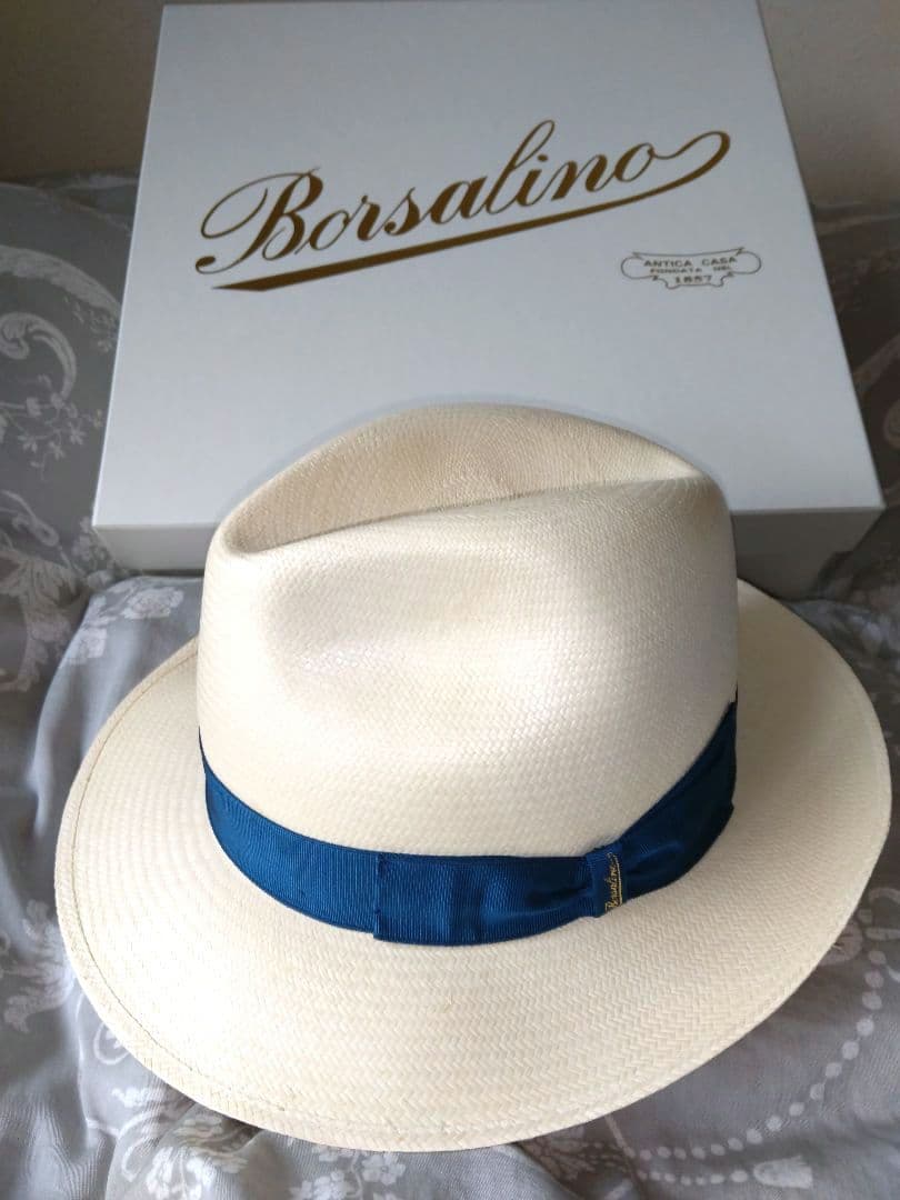 Borsalino 美品パナマ帽 オフホワイト青いリボンＬサイズ59cm