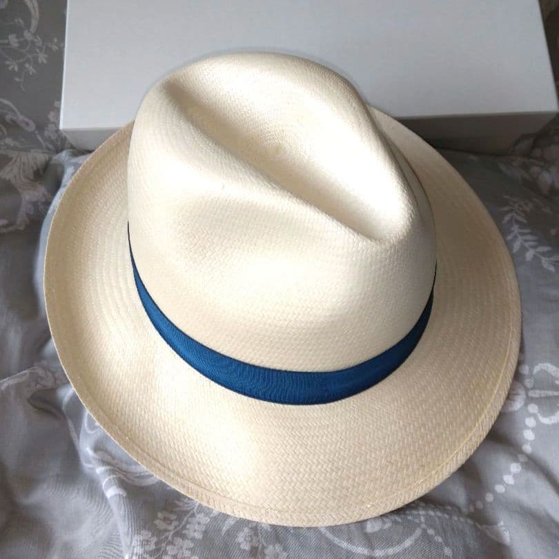 Borsalino 美品パナマ帽 オフホワイト青いリボンＬサイズ59cm
