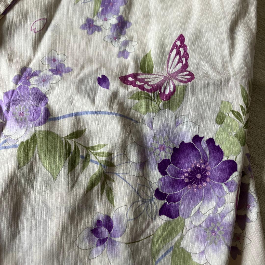 未使用　マルイ浴衣・帯.インナー3セット 肌映えの生成色に紫の蝶と花柄　Mサイズ