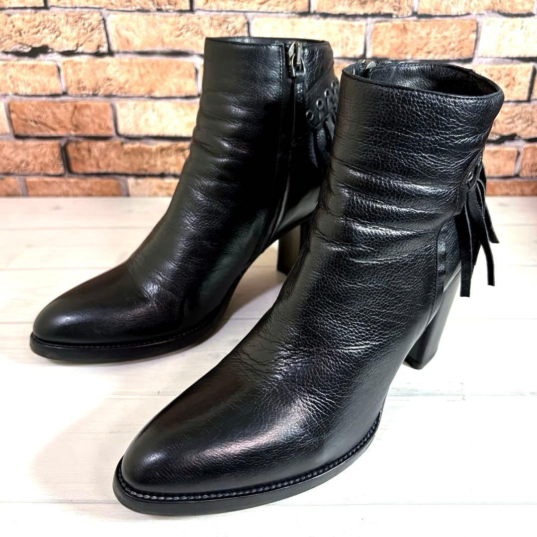 美品■サルトル■ショートブーツ✨サイドジップ フリンジ 本革 チャンキーヒール