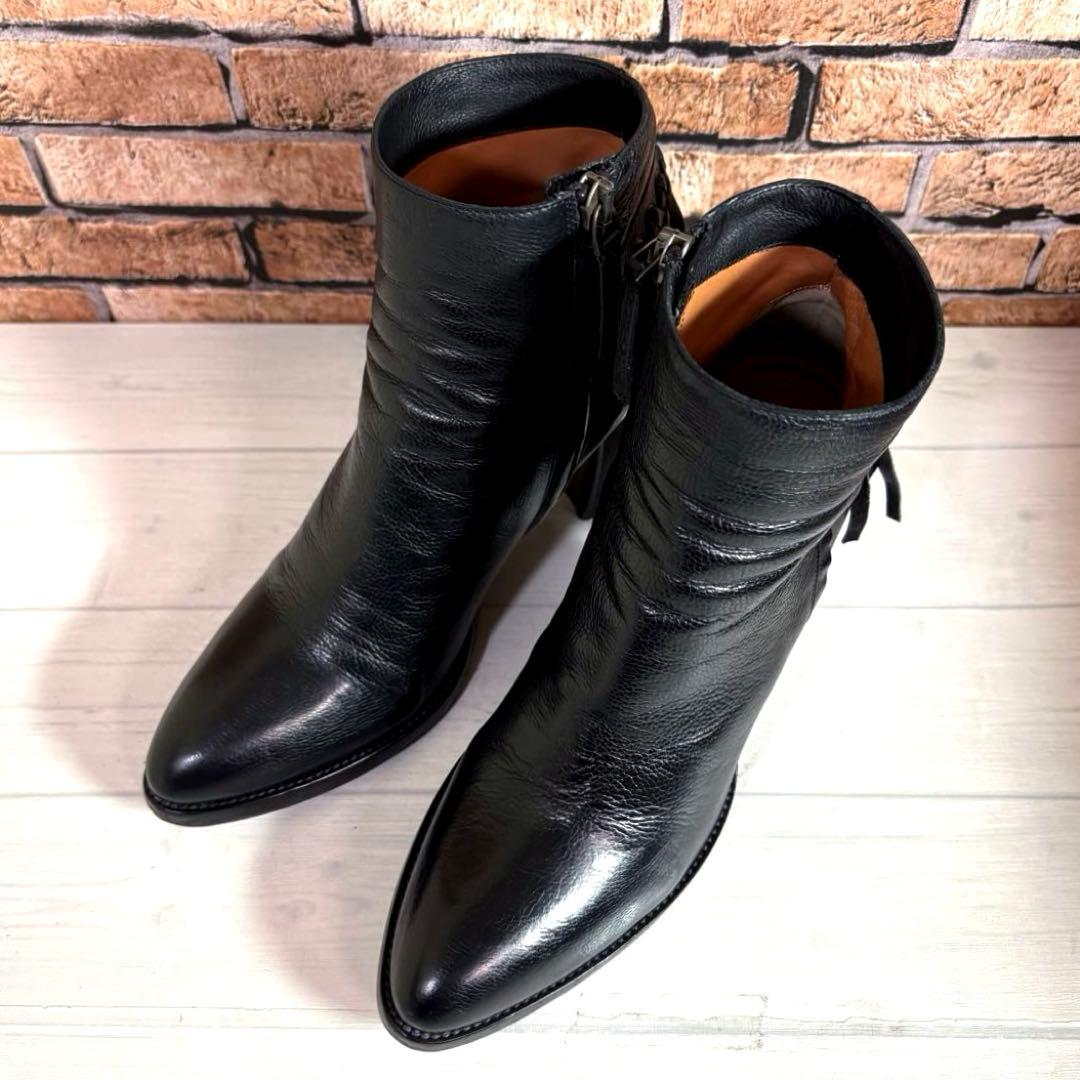 美品■サルトル■ショートブーツ✨サイドジップ フリンジ 本革 チャンキーヒール