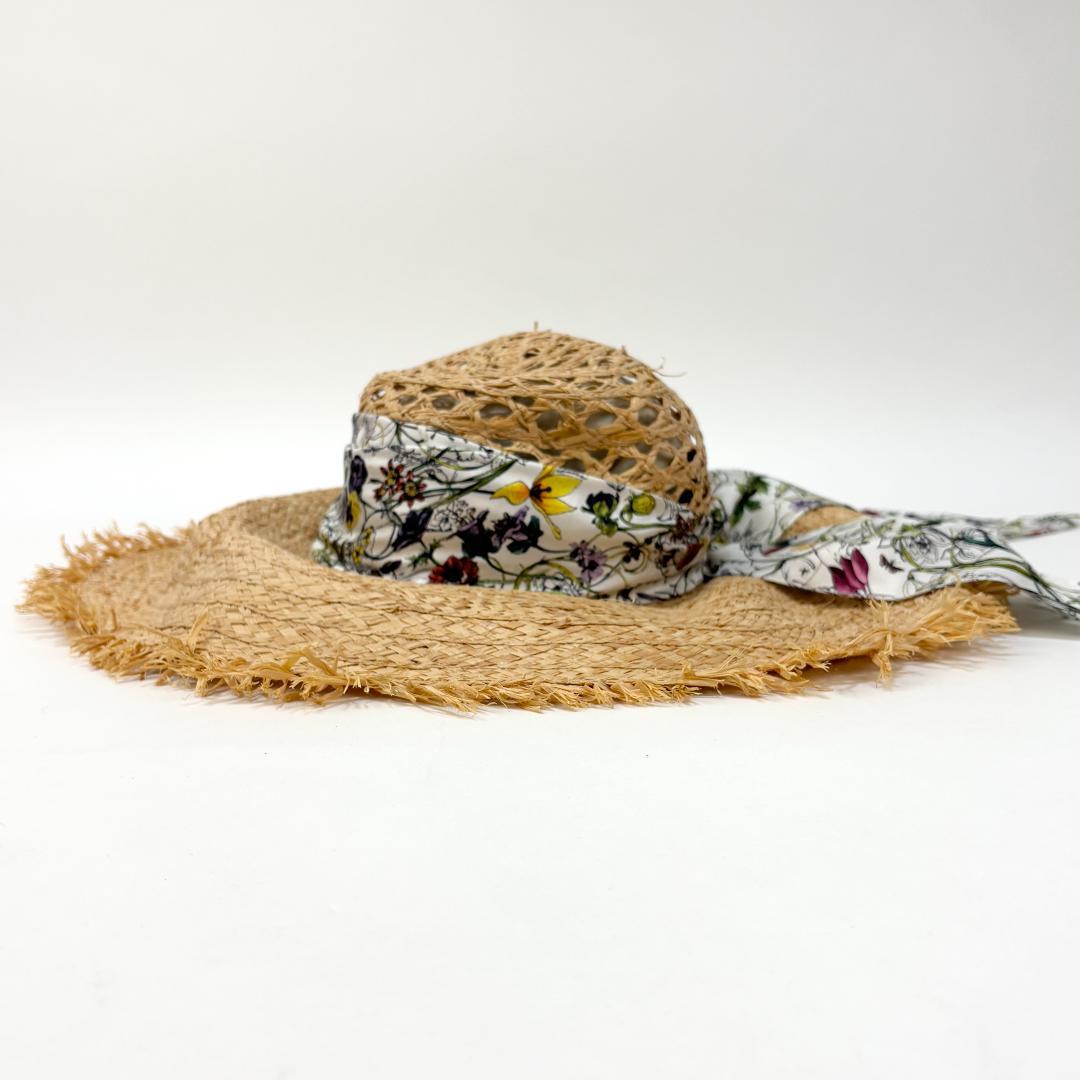 美品 GUCCI ラフィアハット フローラ リボン 339074 L 麦わら帽子
