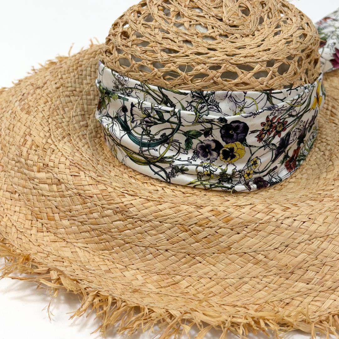 美品 GUCCI ラフィアハット フローラ リボン 339074 L 麦わら帽子