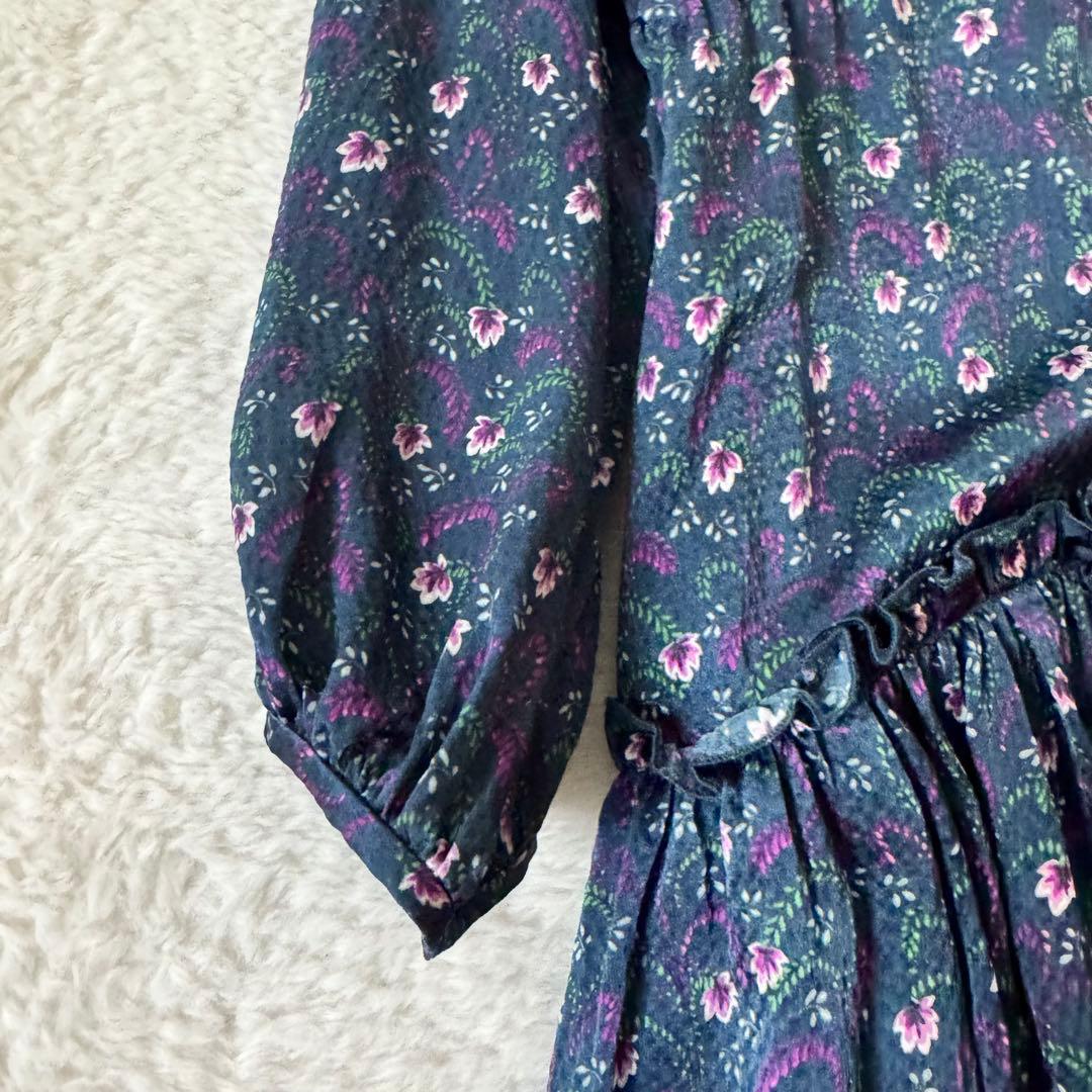 Drawer ドゥロワー シルク100% ロングワンピース 花柄　36 紺