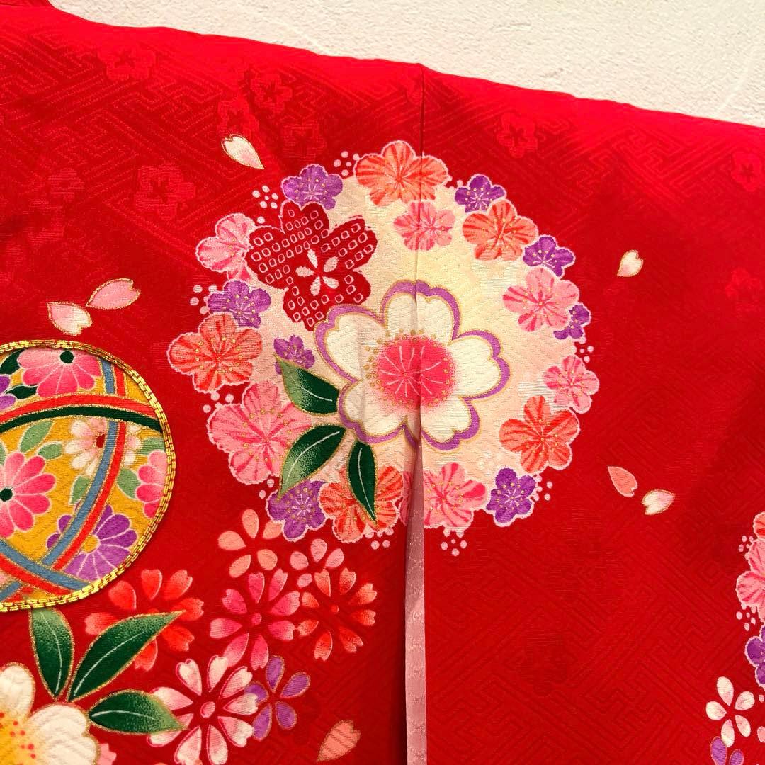 お宮参り　産着　祝着　女の子　襦袢付き 赤地に鞠と熨斗・桜吹雪　正絹