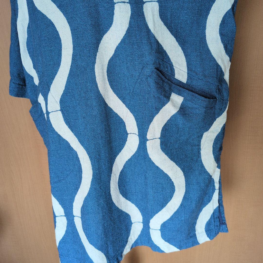 USED 笹倉玄照堂 波模様 五分袖チュニック 青