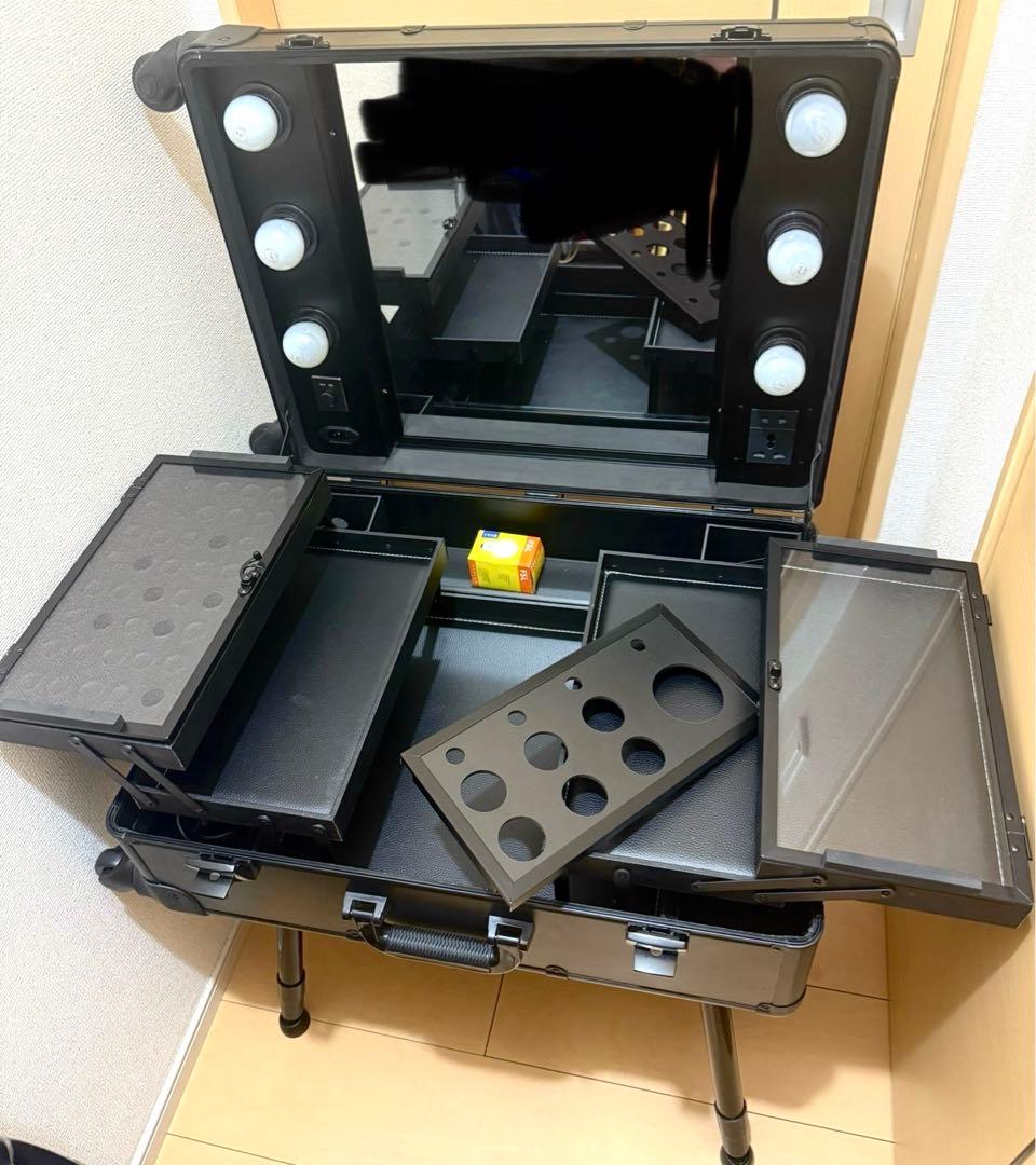 プロ用　持ち運び式　メイクボックス　キャリーケース　ブラック　女優ミラー