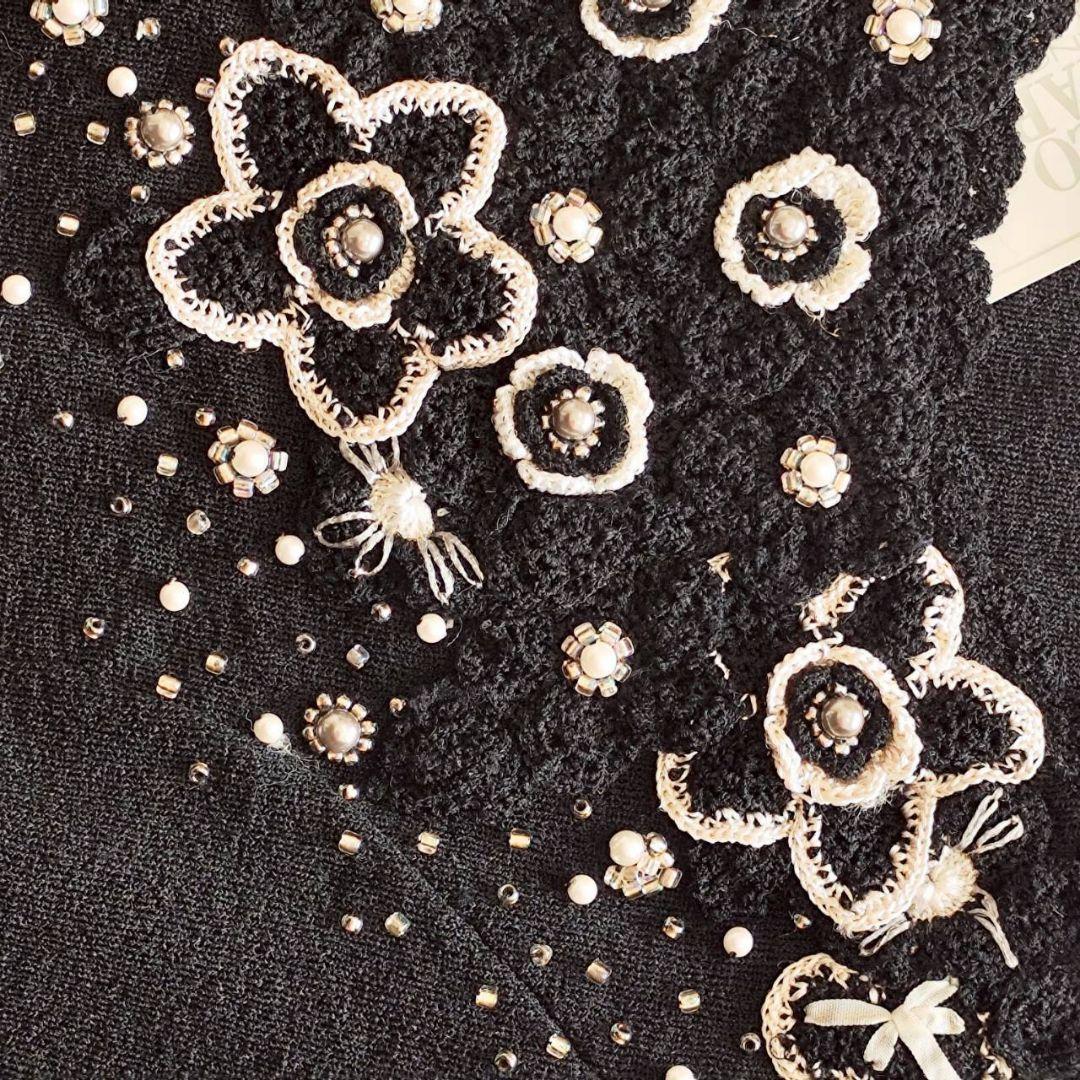 新品 フランコフェラーロ 豪華 フラワー パール 装飾 ニット ワンピース 黒