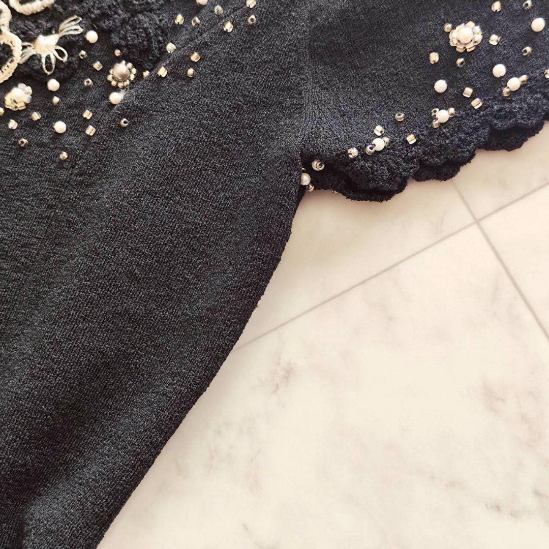 新品 フランコフェラーロ 豪華 フラワー パール 装飾 ニット ワンピース 黒