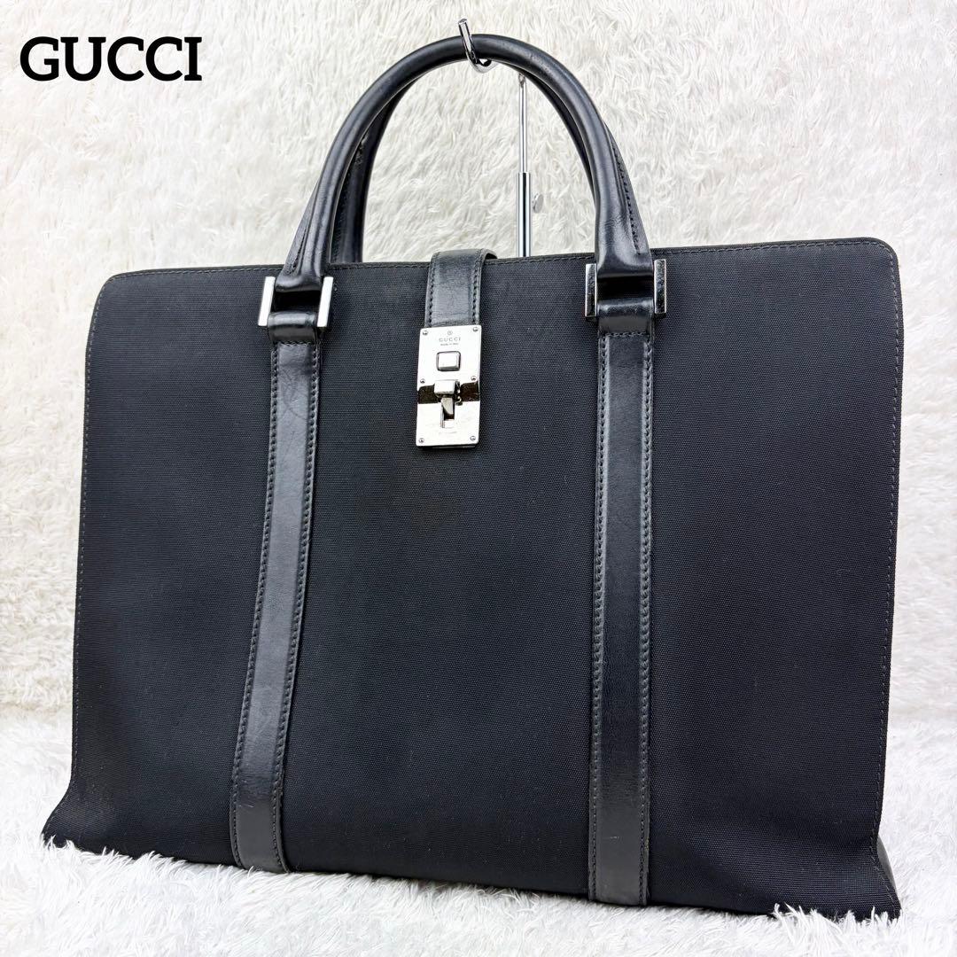 【美品】GUCCI グッチ ビジネスバッグ ロゴ金具 レザー×ナイロン ブラック