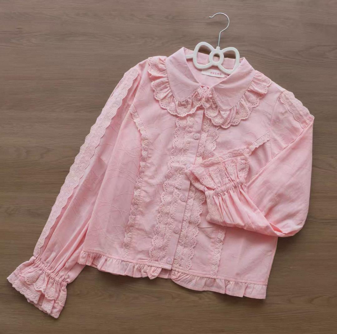 【りんりん様おまとめ依頼】綿レース丸襟ブラウス　ピンク・黒M　華ロリ　新品