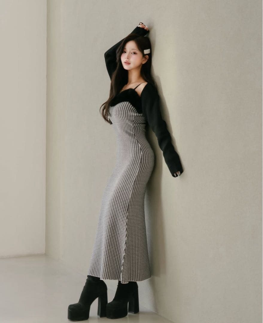 Darich ダーリッチ アンサンブルチェックニットロングワンピース FREE
