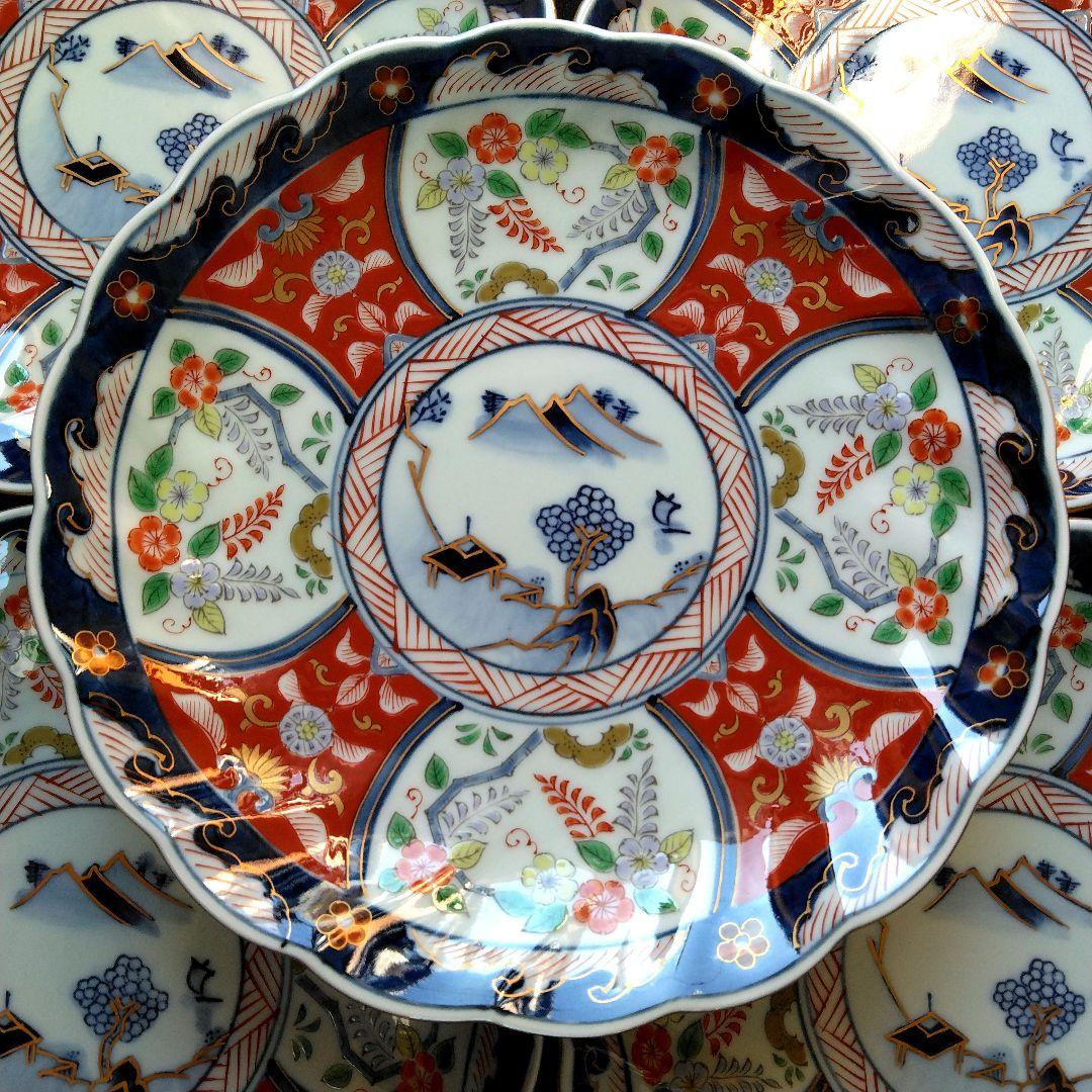 古伊万里 瀬兵窯 絢爛豪華 色絵 菊割 Ф20.2㎝ 銘々皿 5客揃 中皿 真作