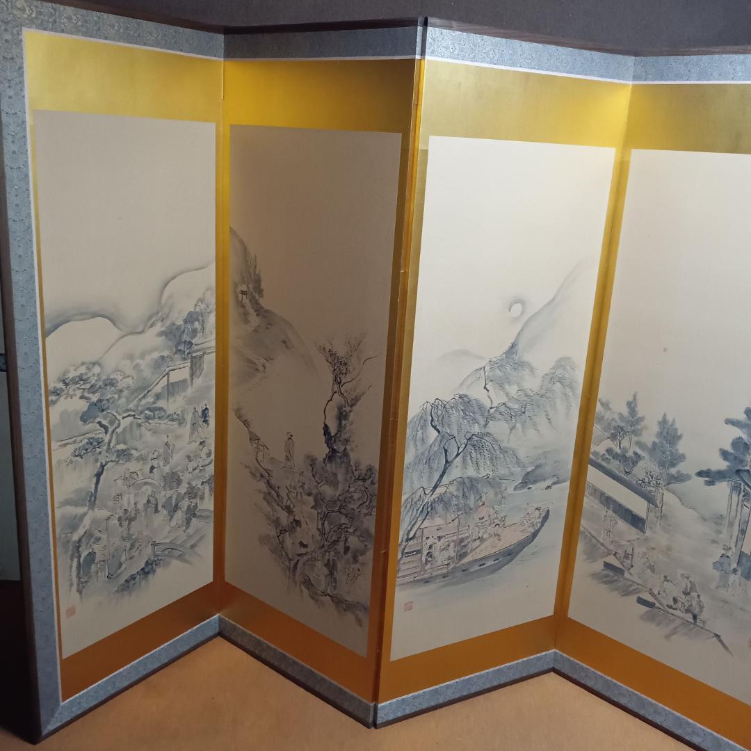 江戸時代風俗図　水墨画＆金屏風セット(175x60cm)X六曲X３枚