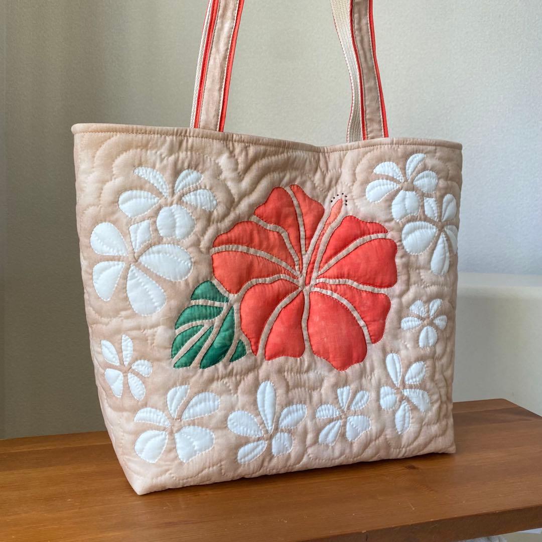 ハワイアンキルト◆トートバッグ◆ハイビスカス&プルメリア◆ハンドメイド