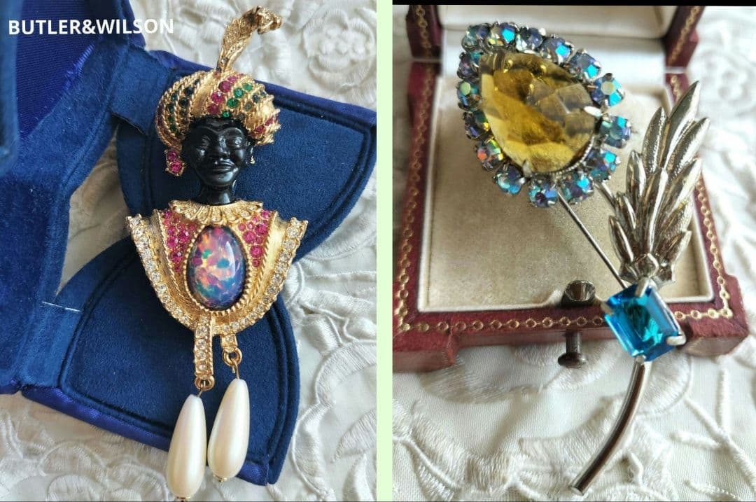 アンバーカラー雫型フラワー 虹色 ネオンブルー ビジュー ブローチと他1点