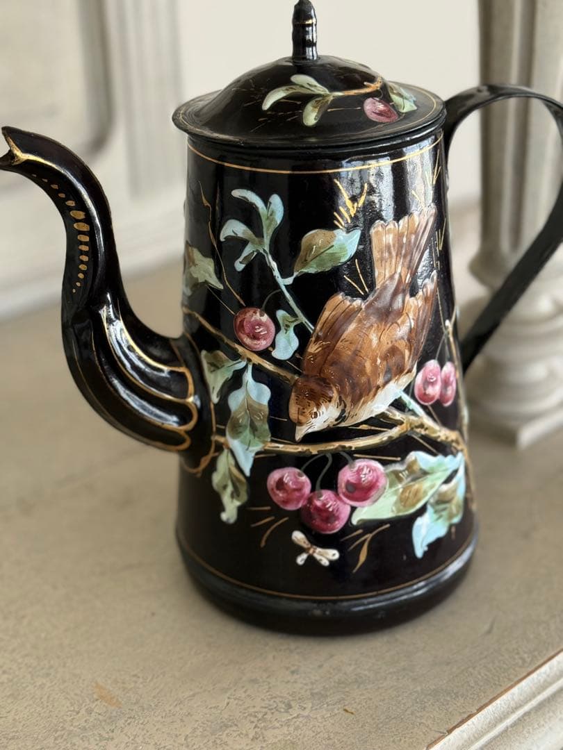 激レアフランスアンティークホーロー黒小鳥とベリー柄バンドペイントのコーヒーポット