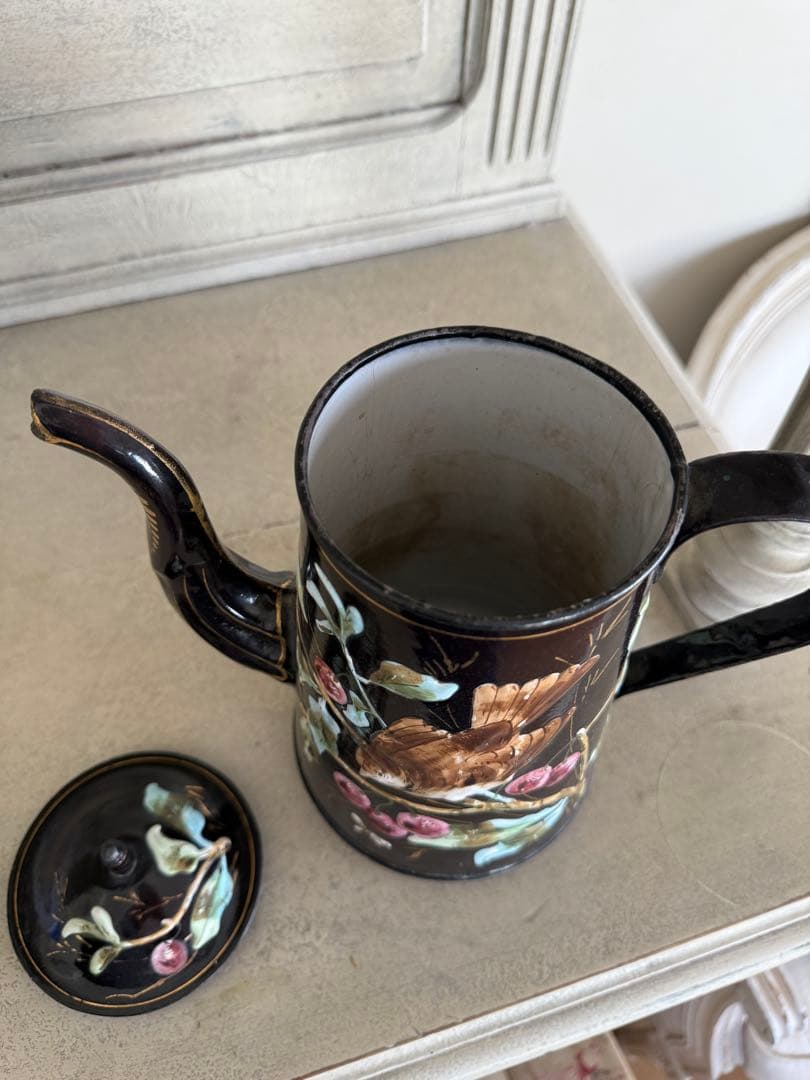 激レアフランスアンティークホーロー黒小鳥とベリー柄バンドペイントのコーヒーポット