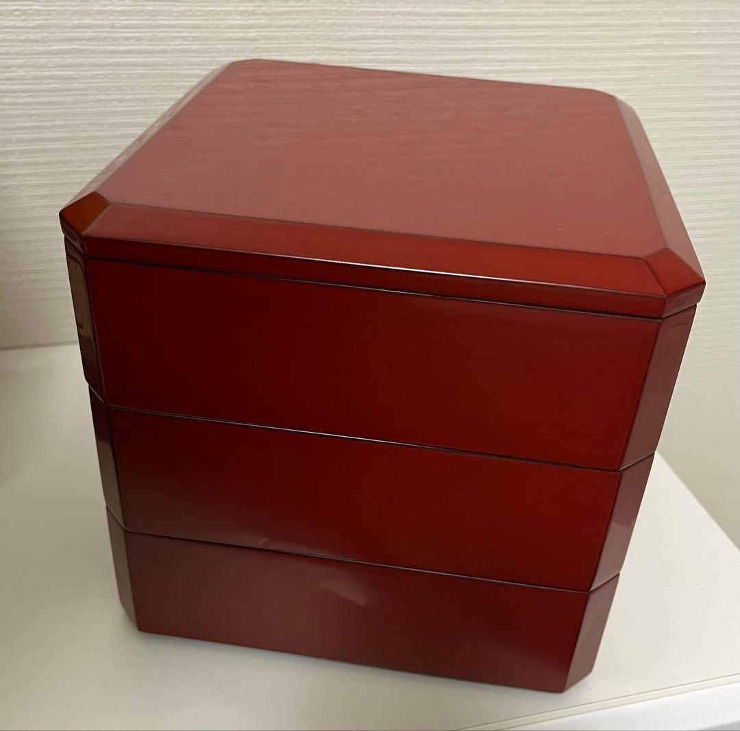 相田啓介　隅切重　本漆塗　会津塗　朱　うるし　お重箱 重箱 三段重 漆器