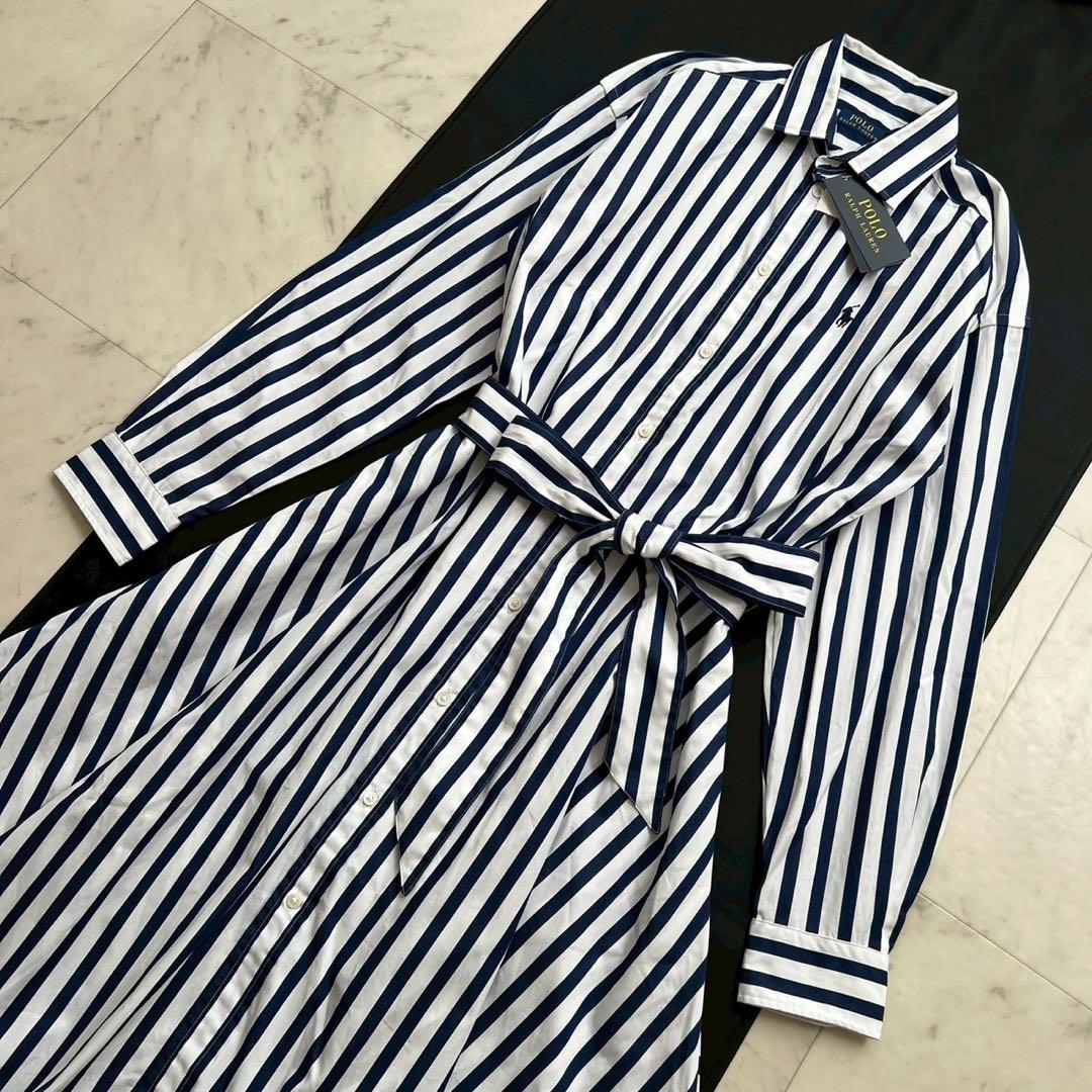 タグ付 POLO RALPH LAUREN ベルト付 ストライプシャツワンピース