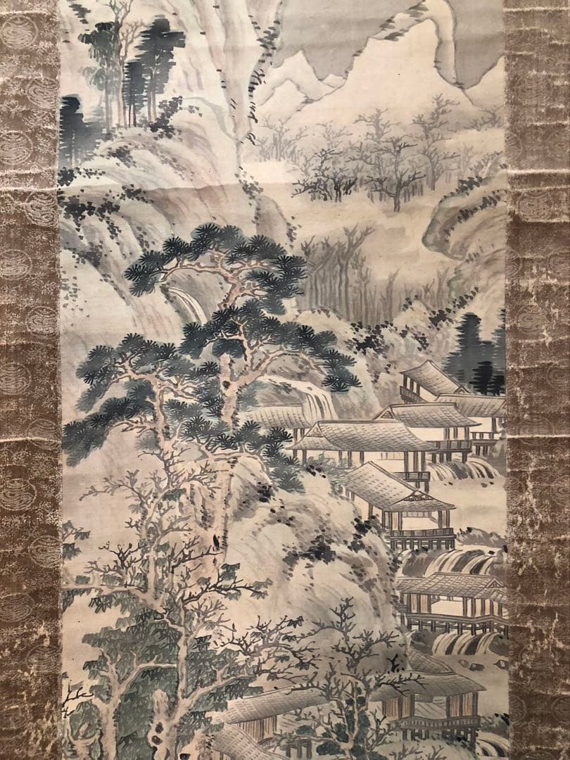 掛け軸２点／84、85［山水楼亭之図］＆［赤牡丹］肉筆　木箱無し！