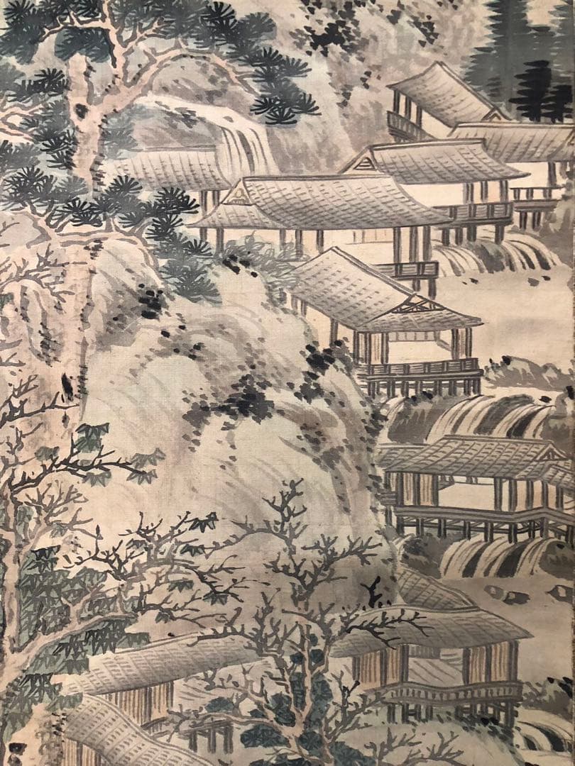 掛け軸２点／84、85［山水楼亭之図］＆［赤牡丹］肉筆　木箱無し！