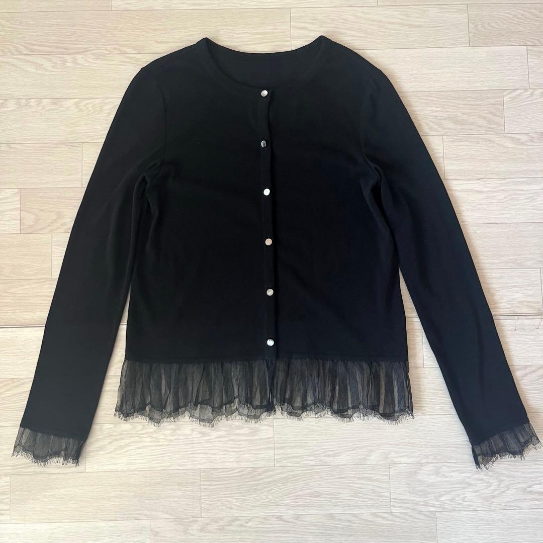 【極美品】フォクシー レース切替 ニット カーディガン コットン 黒 サイズ40