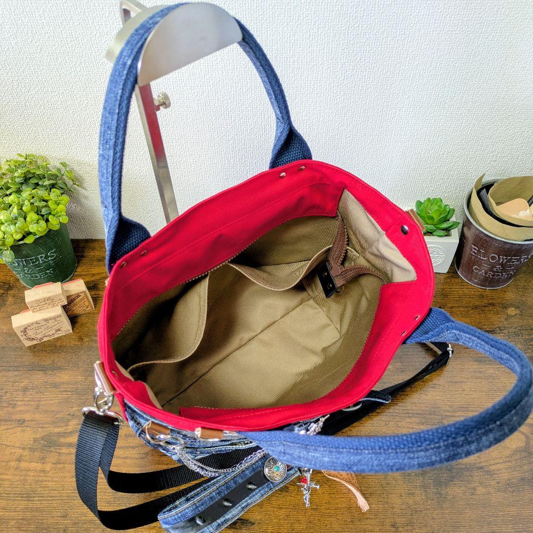 デニムリメイク 2wayトート｜スカル×薔薇刺繍・ポケットたくさん・底鋲付き