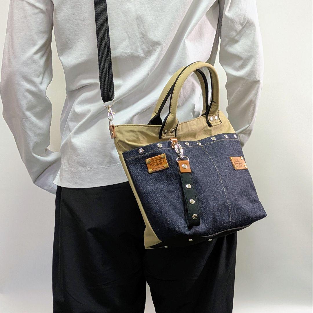 デニムリメイク 2wayトート｜スカル×薔薇刺繍・ポケットたくさん・底鋲付き