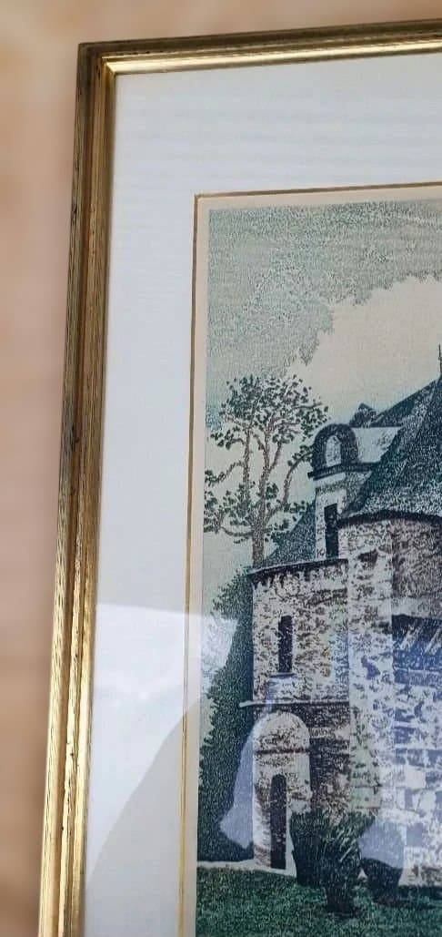 岡鹿之助　木版画　 城の風景画 　加藤版画研究所　サイン入り