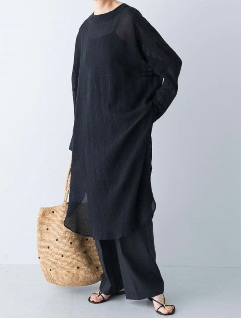 【極美品】かぐれ ガーゼロングチュニック フリー ブラック 2025年モデル