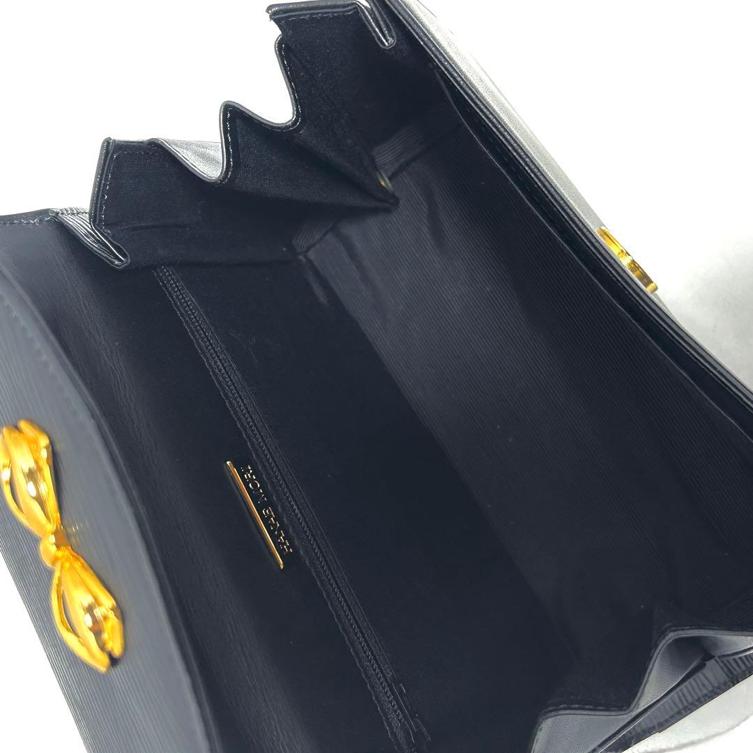 美品 ハナエモリ 2way フォーマルバッグ 黒 リボン レザー ハンドバッグ