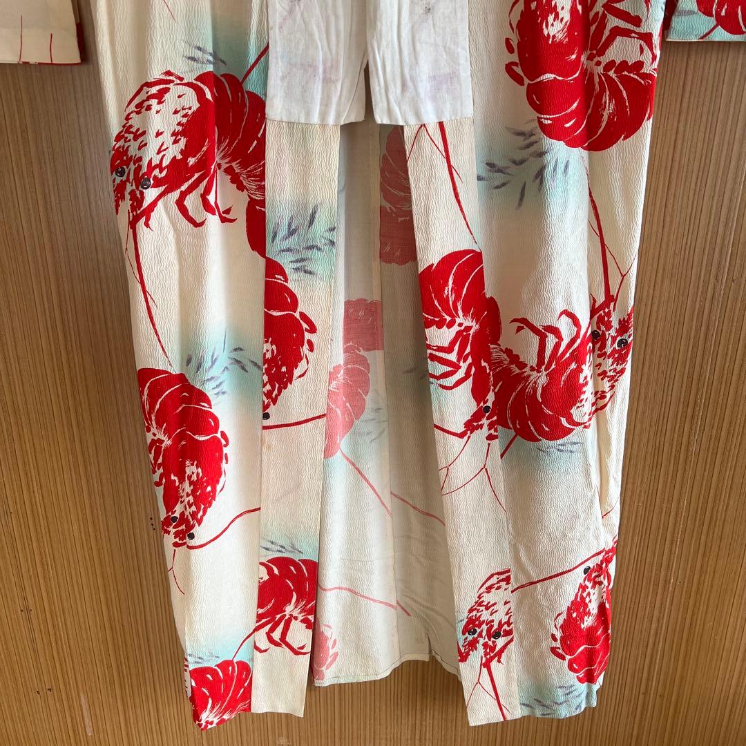 5903◆アンティーク長襦袢単衣赤伊勢海老大胆でポップな意匠時代古裂コレクターズ