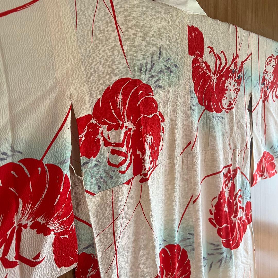 5903◆アンティーク長襦袢単衣赤伊勢海老大胆でポップな意匠時代古裂コレクターズ