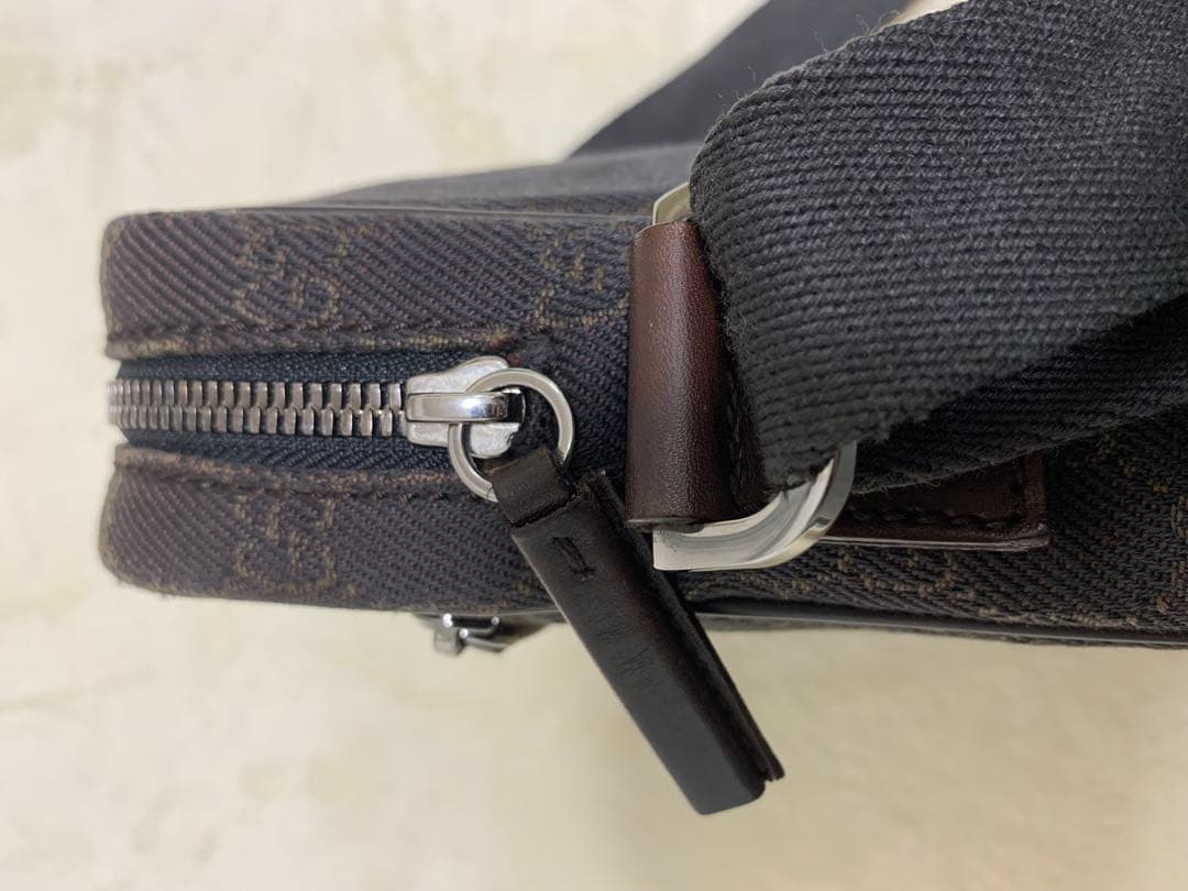 美品★グッチ ショルダーバッグ GGキャンバス×レザー ダークブラウン