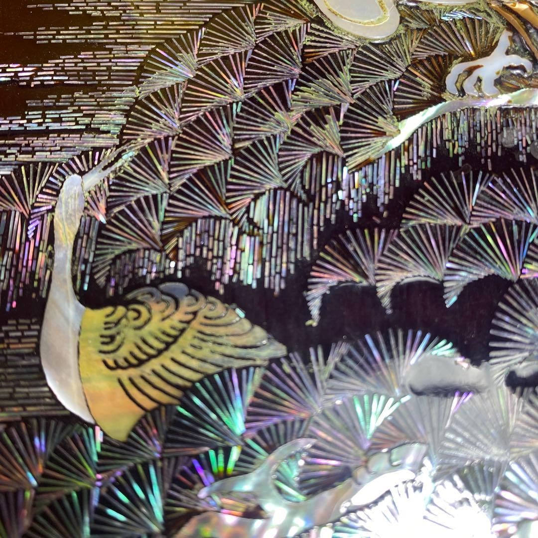 螺鈿細工，八角形 漆器 菓子器 鶴と松のデザイン