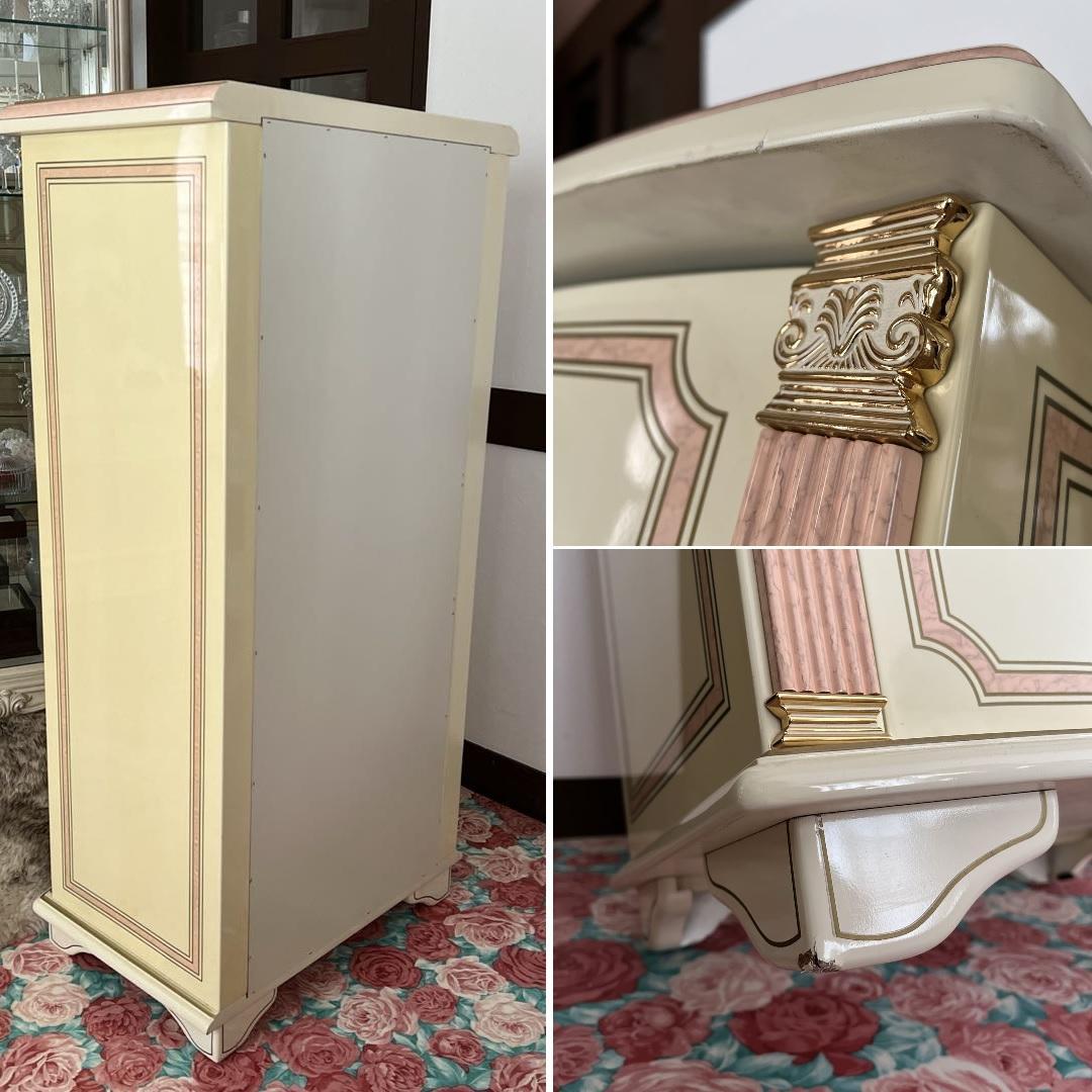 k412r120 イタリア製 ロココ調ハイチェスト スリム 6段 白家具 姫系