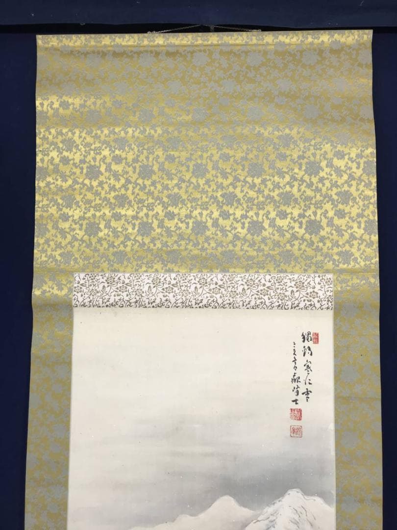 【真作】観峯/雪景釣り舟図/山水図/掛軸/名家伝来/AC-241